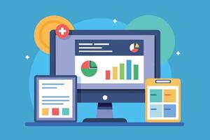 Modern digital workspace featuring analytics dashboard on a computer, tablet, and clipboard in a vibrant and colorful design vector