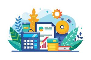 Colorful workspace setup featuring calculator, documents, and office supplies on a bright background surrounded by leaves and gears vector