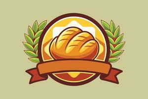 Illustration of a golden loaf of bread surrounded by laurel leaves, symbolizing freshness and quality in baking vector