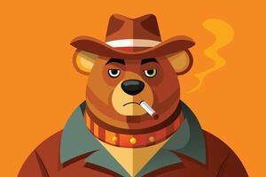 A cartoon bear dressed in cowboy attire with a cigarette and confident expression against a vibrant orange background vector