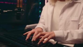 Female business woman student Caucasian businesswoman girl gamer programmer night late study work tech support IT coding web antivirus typing keyboard computer hand ok okay recommend crypto trading video