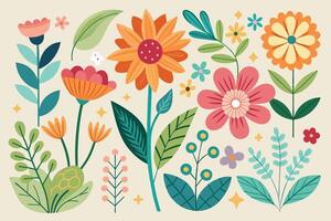 Colorful collection of various flowers and plants in a stylized arrangement on a light background showcasing nature's beauty vector