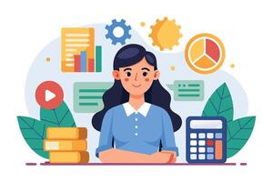 Professional woman analyzing data with charts and graphs in a bright office setting, surrounded by learning materials and tools vector