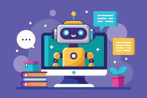 A cheerful robot character on a computer screen engages in conversation, showcasing modern technology in a vibrant digital workspace vector