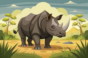 A rhinoceros walks through a grassy landscape with trees under a cloudy sky in a vibrant, animated style vector