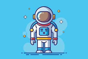A cartoon astronaut stands confidently against a blue background, showcasing vibrant colors and playful design in a whimsical, outer space theme vector