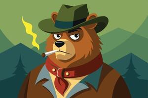 A cartoon bear wearing a hat and coat smokes a cigarette in a forest setting surrounded by mountains during the day vector