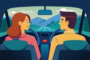 A couple enjoys a scenic drive through the countryside during a beautiful day, smiling and engaged in conversation while exploring nature vector