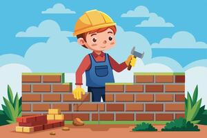 A young builder constructs a brick wall on a sunny day, showcasing enthusiasm and skill at a construction site with bright blue skies vector