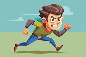 A determined young boy runs energetically across an open field with a focused expression on a sunny day vector