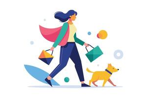 A woman walks her dog while carrying shopping bags on a sunny day with colorful abstract shapes surrounding them vector