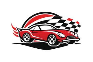 Dynamic red racing car with checkered flags and vibrant curves emphasizing speed and excitement in a stylized graphic design vector