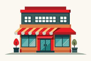 Stylish storefront featuring red awnings and large windows in an urban setting with potted plants and colorful facades vector