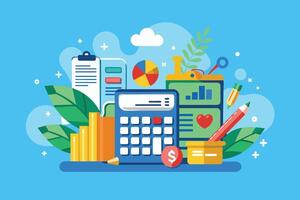 Colorful illustration of financial tools and charts representing budgeting and analysis in a creative workspace during the daytime vector