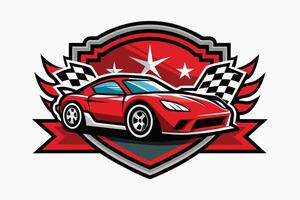 Stylized red race car with checkered flags and stars on a dynamic badge design suitable for racing events or car-themed branding vector