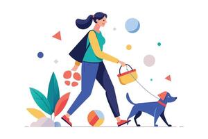 A woman walks her dog in a vibrant park carrying a bag of food and enjoying a sunny day filled with colorful shapes and plants vector