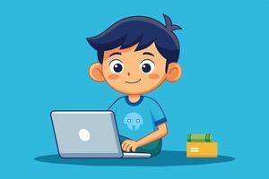 A young boy working on a laptop with a smile while seated on a blue background with some cash and a box beside him vector