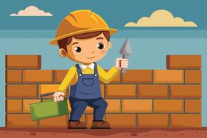 A young boy with a construction hat builds a brick wall using tools in a sunny environment during the day vector