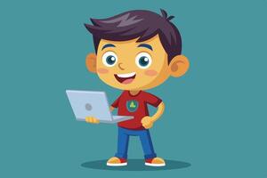 Cheerful young boy using a laptop while standing against a colorful backdrop in a bright and engaging environment vector