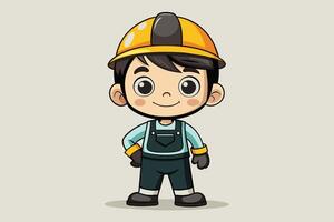 A cheerful cartoon boy wearing a yellow construction helmet and overalls standing confidently on a light background vector