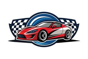 A sleek red sports car with racing stripes displayed on a dynamic blue and checkered background, showcasing speed and performance vector