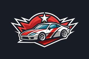 Stylized car graphic with red and white stripes set against a bold background featuring star elements and dynamic shapes vector