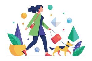 A woman in a green coat walks her dog through a colorful park filled with abstract shapes and plants in the afternoon vector