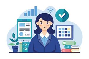 A professional woman in a business setting with charts, plants, and productivity tools emphasizing organization and teamwork vector