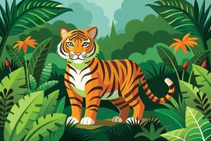 Striking tiger standing amid lush greenery and vibrant flowers in a dense jungle setting during daytime vector