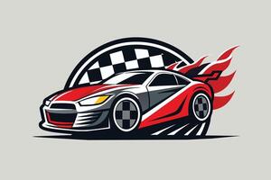Stylish red and gray racing car with flames and checkered flag design on a simple background vector