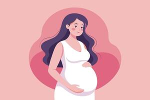 A pregnant woman standing gracefully, showcasing her baby bump, with a soft pink background creating a warm and nurturing atmosphere vector