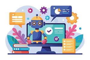 A colorful robot character interacting with a computer in a modern workspace filled with gears and books during a creative brainstorming session vector