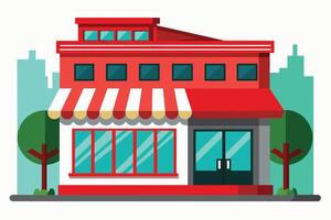 A bright red storefront with large windows and a striped awning in an urban setting during daylight hours vector