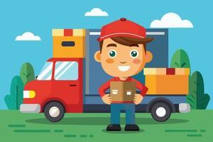 A delivery worker smiling in front of a red delivery truck with packages on a sunny day in a grassy area vector