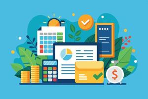 A modern workspace featuring digital devices, financial reports, and planning tools among vibrant greenery during daylight vector