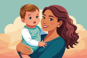 A mother joyfully holding her smiling baby against a soft, pastel background showcasing a serene and affectionate moment vector