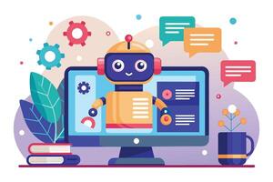 Colorful cartoon robot interacting with chat messages next to books and plants in a cozy workspace setting vector