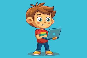 A cheerful young boy engaged in learning with a laptop against a bright blue background, showcasing creativity and curiosity in technology vector