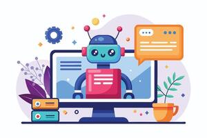 Colorful robot on a computer screen with text bubbles, showcasing modern technology in a workspace filled with plants and decorative elements vector