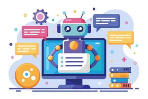 Colorful illustration of a chatbot interacting on a computer with speech bubbles in a modern digital environment vector