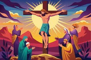 Crucifixion depicted in a vibrant landscape with onlookers expressing sorrow and reverence during sunset in a stylized artwork vector