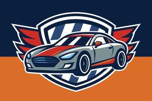 Stylized racing car graphic with blue and orange background featuring bold wings and checkered pattern vector