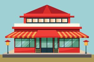 Bright red restaurant building with striped awning and large windows showcasing a welcoming entrance during daylight hours vector