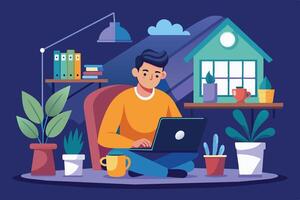 A young person working efficiently on a laptop surrounded by plants in a cozy home office setting during the afternoon vector