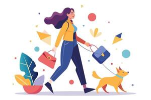 A woman walks her dog in a colorful urban setting with plants while carrying a bag on a sunny day vector