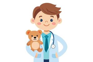 A young boy in a lab coat holds a teddy bear while smiling, portraying a friendly healthcare environment suitable for children vector