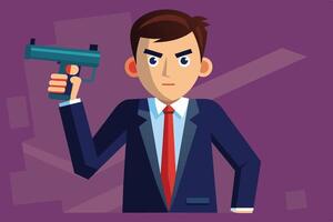 A young man in a suit holds a handgun confidently while standing against a purple background during an intense moment vector