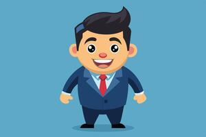 A cheerful businessman in a blue suit and red tie standing against a turquoise background, exuding confidence and positivity in a professional setting vector
