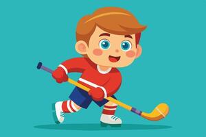A young child enjoys playing hockey indoors, showcasing skills and enthusiasm for the sport while wearing a bright red jersey and gear vector