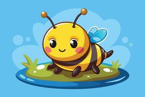 A cute cartoon bee character resting on a grassy patch in a bright blue background during a sunny day vector